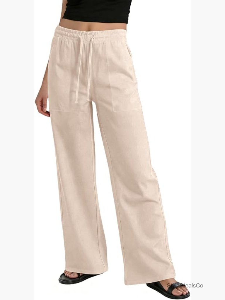 Womens Linen Wide Leg Casual Pants With Pockets Summer Beach